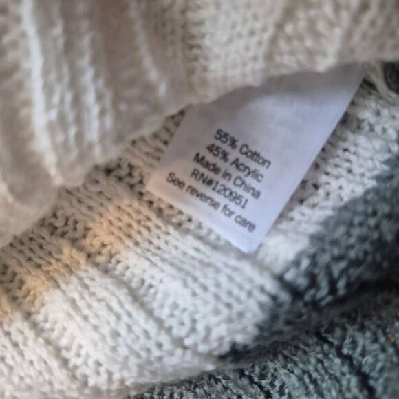 SO Women's Sage Green & White Cotton/Acrylic Striped Sweater Ribbed Knit Button - Picture 9 of 9